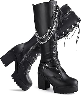 Ladies' Boots Women Fashion Platform Block Heels Knee High Boots Lace up