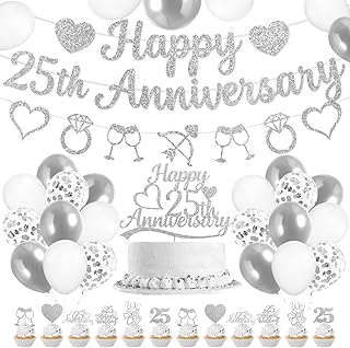 25th Anniversary Decorations with Silver Glitter Happy 25th Anniversary Banner Garland Cake Topper Cupcake Toppers Balloons for 25th Wedding 25 Year Anniversary Vow Renewal