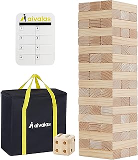 Giant Timber Blocks Games, 57 Blocks Large Tower Outdoor Games - Includes Carry Bag and Scoreboard, Wood Stacking Yard Games Grows from 2FT to Over 4.2FT for Kids Adults Family