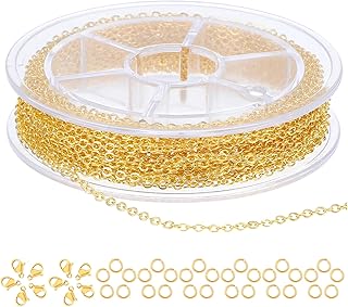Wanmu 9.8Ft Necklace Chain for Jewelry Making, Gold Plated Stainless Steel Link Cable Roll with 10 Lobster Clasps, 30 Open Jump Rings for Men Women DIY Craft Charm Bracelet Supplies (1.5MM)
