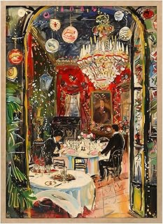 Wallbuddy Elegant Dining Wall Art Poster | Vintage Restaurant Interior Scene Print | Chandelier Dinner Illustration | Classic European Decor (24 x 36 inches, Oak Framed)