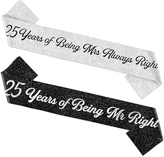 25th Wedding Anniversary Decorations Sash Set Silver Wedding Anniversary Gifts for Couples Wife Husband 25 Year Anniversary Gifts for Mr & Mrs 25th Party Favor Supply Photo Props