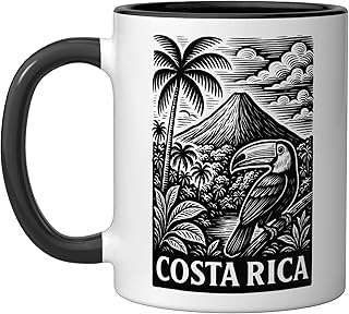 Arenal Volcano Toucan Costa Rica Ceramic Mug, Black/White
