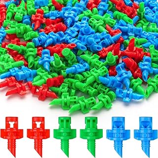 210Pcs Irrigation Drip Emitters, 3 Color Heads Irrigation Misting Sprinkler, Safycaby Drip Irrigation Emitters Applicable for Lawn Water Irrigation System(90/180/360 Degrees)