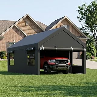 12x20 FT Heavy-Duty Design Carport,Portable Garage Canopy,Carport Canopy with Side-Opening Removable Door & Roll-Up Window,Portable Car Port for Car, Truck, Boat,Grey