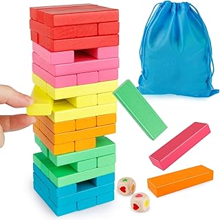 Wooden Blocks Stacking Game with Storage Bag, Toppling Colorful Tower Building Blocks Balancing Puzzles Montessori Toys Learning Sorting Family Games Educational Toys Gifts for Kids