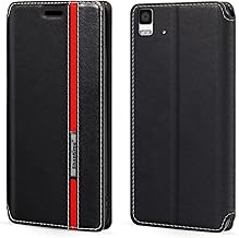 Classic Stripes Faux Leather Flip Case Compatible with BQ Aquaris E5, Invisible Magnetic Cover with Card Slot, Contrast Color Design(Black)