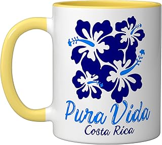 Pura Vida Costa Rica Blue Hibiscus Ceramic Mug, Yellow/White
