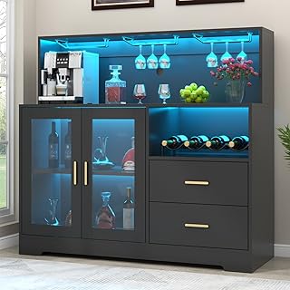 Bar Cabinet for Home with LED Light, Coffee Bar Cabinet with Wine & Glass Rack, Wine Cabinets with Drawers & Microwave Stand, Modern Liquor Cabinets for Kitchen, Living Room, Dining Room (Black)