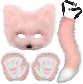 Faux Fur Cat Fox Mask Tail and Paw Set, Wolf Furry Suit Plush Therian Accessories Kit