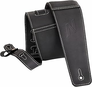 Nefelibata 3" Guitar Strap in First Layer Leather with Foam Padding and Cable Storage Loops for Bass, Electric and Acoustic Guitars (Aged Black)