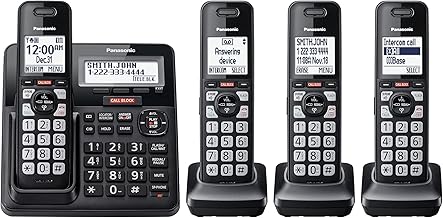 Cordless Phone with Advanced Call Block, Link2Cell Bluetooth, One-Ring Scam Alert, and 2-Way Recording, Answering Machine, 4 Handsets - KX-TGF944B (Black)