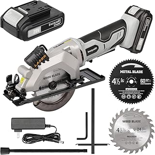 Cordless Mini Circular Saw, 4-1/2 Inch 3400 RPM Circular Saw with Laser Guide, Rip Guides, 2 Blades (24T Wood + 60T Metal), Max Cutting Depth 1-11/16" (90°), 1-1/8" (45°)"