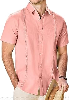Men's Cuban Guayabera Short Sleeve Shirt Button Down Linen Cotton Casual Summer Beach Shirts