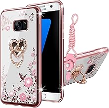 KuDiNi for Samsung Galaxy S7 Edge Case, Galaxy S7 Edge Phone Case for Women Glitter Crystal Soft Bling Cute Butterfly Heart Floral Clear Protective Cover with Kickstand+Strap for S7 Edge (Rose Gold)