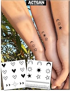 Semi Permanent Tattoos, 2 Sheets Realistic Mini Sun Moon Star & Tiny Heart Temporary Fake Tattoo for Women, Lasts 1-2 Weeks, Waterproof Non-Reflective Ink Art Stickers for Summer Beach Party