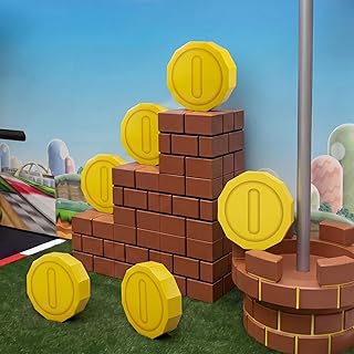 Gueevin 6 Pcs Super Themed Party Decorations 3D Gold Coin Decorations Video Game Birthday Super Party Supplies Photo Props Table Centerpieces Wall Art Baby Shower Home Room Decoration