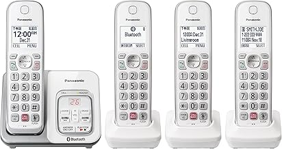 Cordless Phone with Answering Machine, Link2Cell Bluetooth Home Phones, Voice Assistant and Advanced Call Blocking, Expandable System with 4 Handsets, Cordless Telephone, KX-TGD864W (White)