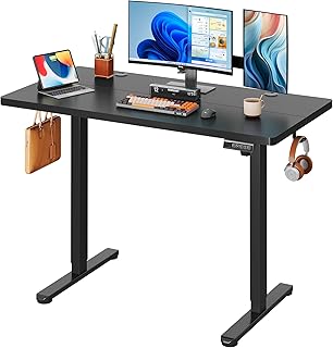 DEVAISE 48 Inch Electric Standing Desk, Adjustable Computer Desk for Home Office, Ergonomic Sit to Stand Desk with LED Touchscreen,Headphone Hook, 3 Memory Preset, with Split Top, Black