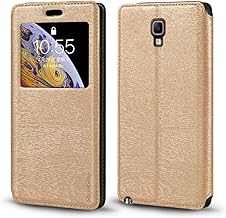 Viewable Window Leather Flip Case Compatible with Samsung Galaxy Note 3 Neo, Elegant Design Clear Display Invisible Magnetic Cover and Card Slot(Gold)