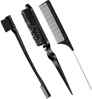 Geiserailie 3 Pcs Slick Back Hair Brush Set Bristle Brush Edge Control Teasing Comb for Women Black Hair(Black)