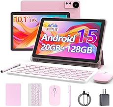 CUPEISI Android 15 Tablet 10 Inch, 20GB RAM+128GB ROM/ 2TB Expandable, 2.0GHz Quad-core Processor, 1280*800 HD Screen, 5G WiFi6 BT 5.0, 2 in 1 Tablets with Keyboard Case Mouse Stylus, Widevine L1 Pink