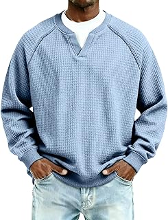 Men's Casual Waffle Knit Sweatshirt Long Sleeve V Neck Athletic Workout Jersey Pullover