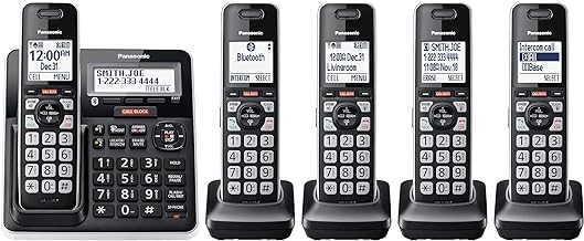 Cordless Phone with Answering Machine, Advanced Call Block, Link2Cell Bluetooth, One-Ring Scam Alert, 2-Way Recording, Spam/Robocall Protection & 5 Handsets - KX-TGF975B (Black/Silver Trim)