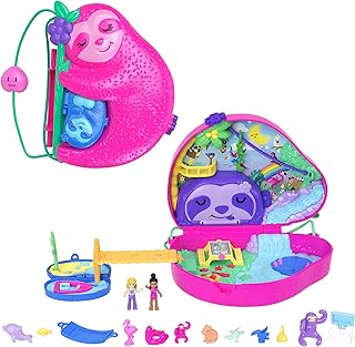 Playset & Travel Toy with 2 Micro Dolls & 12 Accessories, Animal Toy, Sloth 2-in-1 Purse Compact