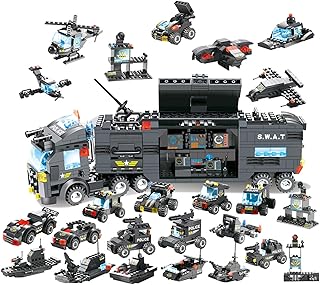 8 in 1 City Police Station Building Kit, SWAT Mobile Command Center Truck Building Toy with Police Car, Helicopter, Patrol Boat, Best Learning and Roleplay Swat Toy Gift for Boys and Girls-647 Pieces