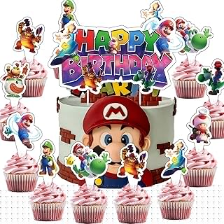 25Pcs Latest Mario Cake Decorations with 24pcs Cupcake Toppers, 1pcs Happy Birthday Cake Topper, Cartoon Themed Party Supplies, Perfect for Birthday Party Decorations