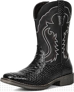 Cowboy Boots for Men Faux Snake Skin Embroidered Western Boots Slip Resistant Square Toe Pull on Mid Calf Cowboy Boot