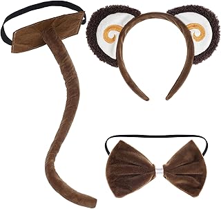 3 Pieces Monkey Costume Set Monkey Ears Headband Bowtie and Tail Fancy Animal Cosplay Accessories for Halloween Dress Up Party