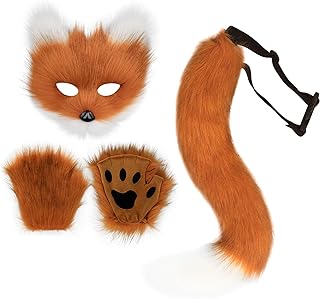 Faux Fur Fox Tail Cat Wolf Set Plush Mask Fluffy Paw Gloves Halloween Christmas Party for Women