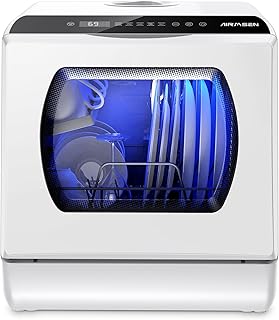 AIRMSEN Portable Countertop Dishwashers, 5 Washing Programs Mini Dishwashers with 1.2 Gal Built-in Water Tank and Double-layered Glass Door, No Hookup Needed for Home, Apartments & RVs