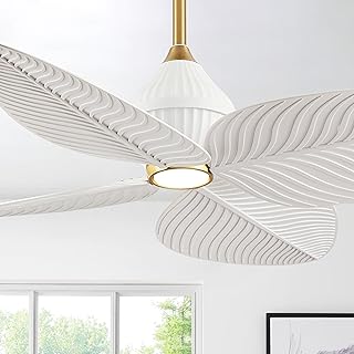 52" Tropical Ceiling Fans with Lights, Indoor Palm Leaf Ceiling Fan with Light and Remote for Living Room Bedroom, ABS Blades, Dimmable LED Lights, 6 Speeds, Adjustable Height-White Gold