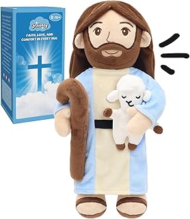 Yelakey Good Shepherd Jesus Plush Talking Doll - 15'' Soft Jesus Holding Lamb Plush Toy Speaks 1 Story, 5 Bible Verses and 2 Children’s Songs Christian Plush Toy Gift for Kids, Easter & Sunday School