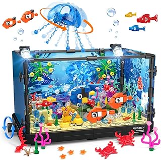 Fish Tank Building Set with LED Light - Movable Aquarium Building Toys for Adults Kids | 725PCS Creative Aquarium Toy with Jellyfish, Fish Animal Educational Gift for Boys Girls Age 8-14