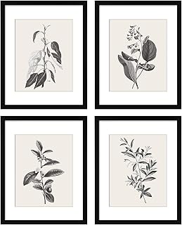 ArtbyHannah Framed Wall Art, 11x14 inch Black Plant Wall Decor with Grey Picture Frames for Dinning Room Living Room Decorations (4 Pack)