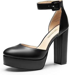 Women's Platform High Chunky Heels Closed Toe Block Ankle Strap Dress Buckle Round Toe Wedding Party Comfortable Pumps Shoes