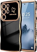 for Samsung Galaxy S23 Ultra Case for Women Girls, Cute Wave Frame Curly Shape with Love Heart Raised Camera Protection Cover Luxury Plating Shockproof Phone Case for Galaxy S23 Ultra 5G,Black
