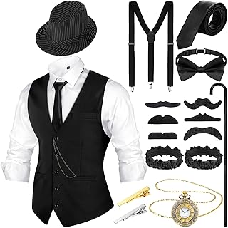 1920s Mens Costume Roaring Outfit with Gangster Vest Hat Pocket Watch Suspenders for Derby Attire 2026(X-Large,Black, Black Stripe)
