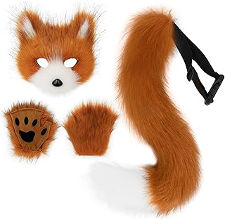 Faux Fur Fox Tail Cat Wolf Set Plush Mask Fluffy Paw Gloves Halloween Christmas Party for Women