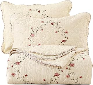 3-Piece Floral Embroidered Bedspread Coverlet Set Oversize Queen 100% Cotton Reversible Patchwork 1 Quilt and 2 Pillow Shams (Flower,Oversize Queen)