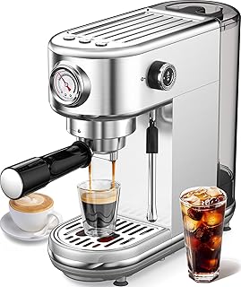 Espresso Machine with Milk Frother, 20 Bar Pressure Espresso Maker, with 44OZ Removable Tank, Compact Stainless Steel Coffee Machine for Home, Office, Latte, Cappuccino, Macchiato, Silver