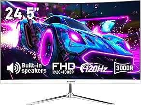 Gawfolk 24.5 Inch Gaming Curved Monitor Built-in Speakers, 3000R 120Hz White PC Screen Full HD 1080P, HDMI 2.0, VGA, Wall Mount Compatible 75 * 75mm