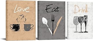 RyounoArt 3 Piece Eat Drink Love Canvas Wall Art Vintage Kitchen Painting Pictures Inspirational Artwork Prints for Modern Home Dining Room Restaurant Cafe Bar Wall Decor Framed Ready to Hang