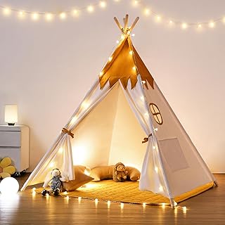 besrey Teepee Tent for Kids with Light & Mat, Toddler Tents Indoor Play Tent Playhouse, Toddler Tipi Cotton, tee Pee Tents for Kids Indoor, Boys & Girls Teepee (Yellow, Padded mat)