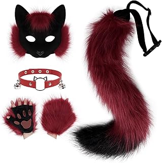 Faux Fur Half Face Mask Paw Gloves Wolf Fox Tail and Leather Necklace Set Costume for Halloween Cosplay Party