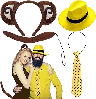 4 Pcs Halloween Couple Costume Set - Adult Monkey Costume with Yellow Hat, Black Polka Dots Tie